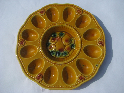 Ceramic egg plate, autumn fruit & flowers, handpainted vintage Japan
