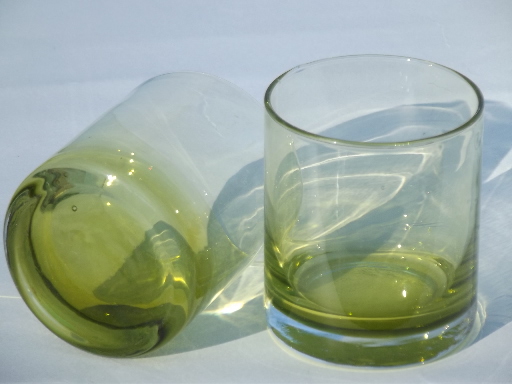 Chartreuse drinks glasses, yellow-green glass old-fashioned bar glasses