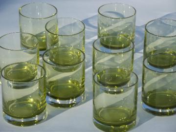 Chartreuse drinks glasses, yellow-green glass old-fashioned bar glasses