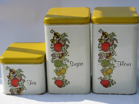 Cheinco vintage kitchen canisters, retro Spice of Life pattern