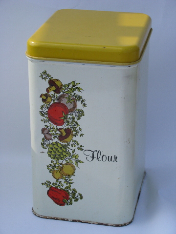 Cheinco vintage kitchen canisters, retro Spice of Life pattern