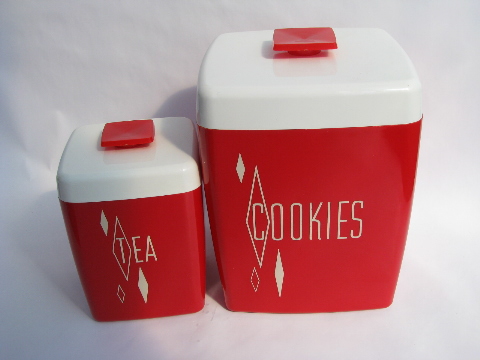 Cherry red / white vintage plastic COOKIES cookie jar, also Tea canister