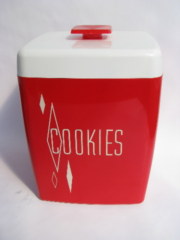 Cherry red / white vintage plastic COOKIES cookie jar, also Tea canister