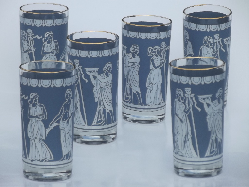 Classical greek or roman vintage glasses set, matte jasperware blue & white