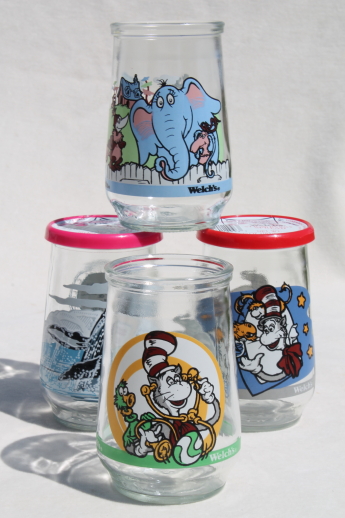 Collectible Welch's jelly glasses, Dr. Seuss Horton & Cat in the Hat, humpback whale