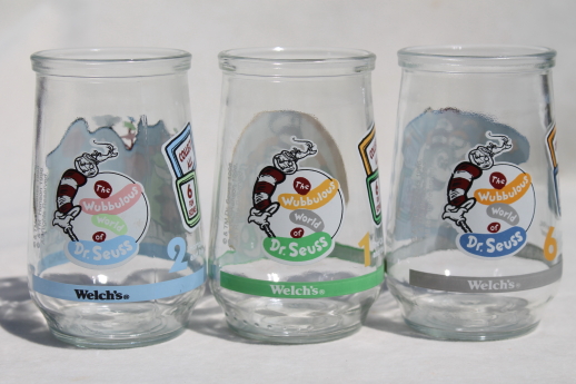 Collectible Welch's jelly glasses, Dr. Seuss Horton & Cat in the Hat, humpback whale