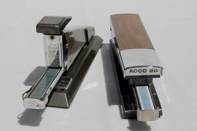 collection of vintage staplers, retro 60s 70s office desk paper s