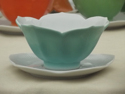 Colored lotus flower porcelain rice bowls & plates, vintage Made in Japan set