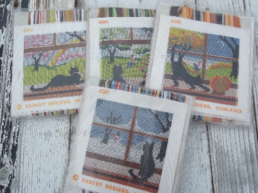 Complete set of Four Seasons Jiffy needlepoint kits, canvas, wool yarn