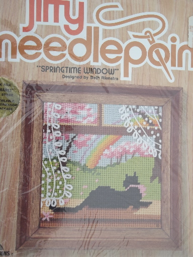 Complete set of Four Seasons Jiffy needlepoint kits, canvas, wool yarn