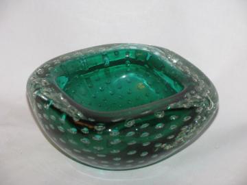 Controlled bubbles ocean green / clear glass bowl, mid-century modern art glass