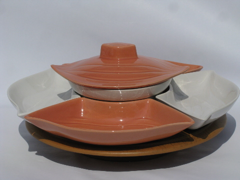 Coral & white ceramic lazy susan relish tray set, vintage California pottery