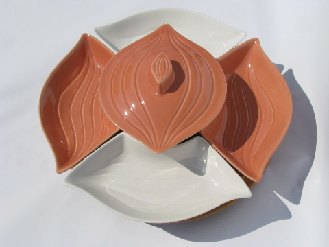 Coral & white ceramic lazy susan relish tray set, vintage California pottery