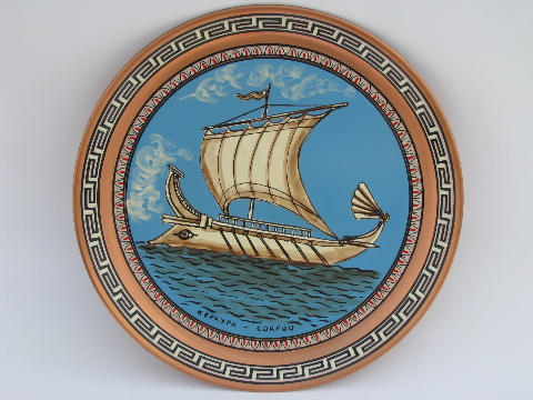 Corfu hand-painted enamel copper tray, 60s-70s vintage Greek souvenir