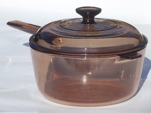Corning Visions pots & pans, smoke brown kitchen glass cookware collection