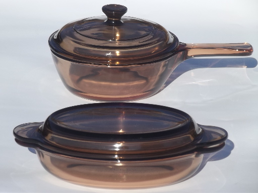 Corning Visions pots & pans, smoke brown kitchen glass cookware collection