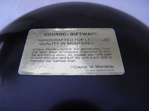 Coroc label, vintage melmac bowl, mod yellow poppy flower inlay on black