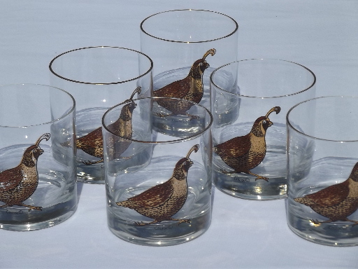 Couroc quail bird glass set, vintage on the rocks bar drinks glasses