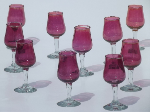 Cranberry stain sherry glasses set, vintage glass goblet cordials