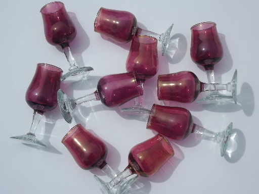 Cranberry stain sherry glasses set, vintage glass goblet cordials