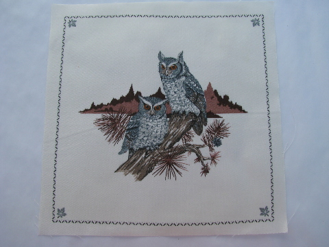 Cranston print works cotton fabric, printed square motifs, all owls!