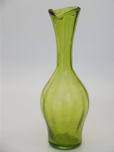 Curvy lime green glass vase,  60s mod vintage hand blown art glass