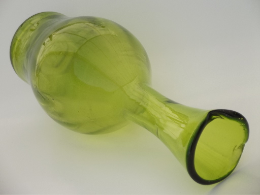 Curvy lime green glass vase,  60s mod vintage hand blown art glass