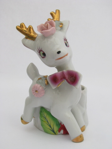 Cute baby deer family trimmed w/ china flowers, vintage Made in Japan