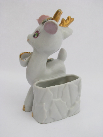 Cute baby deer family trimmed w/ china flowers, vintage Made in Japan