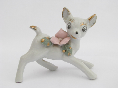 Cute baby deer family trimmed w/ china flowers, vintage Made in Japan