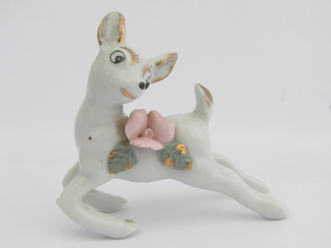 Cute baby deer family trimmed w/ china flowers, vintage Made in Japan
