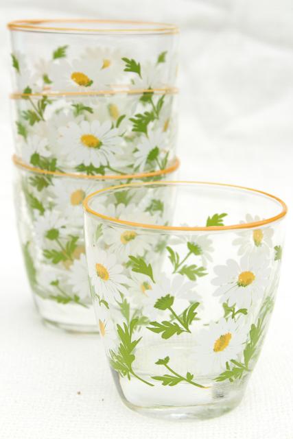 daisy print vintage Libbey glassware, lowball tumblers drinking glasses w/ retro daisies