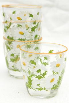 daisy print vintage Libbey glassware, lowball tumblers drinking glasses w/ retro daisies