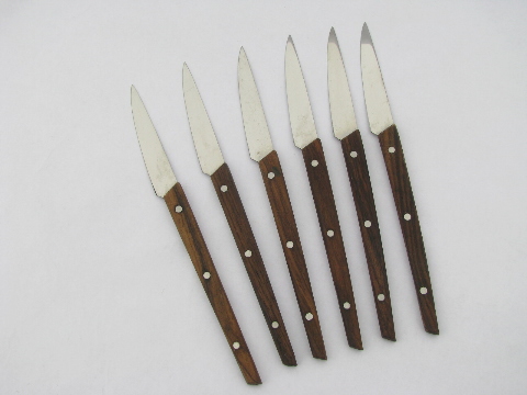 Danish mod vintage carving / steak knives set, 60s teak wood handles