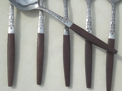 Danish mod vintage Interpur stainless flatware w/ rosewood melamine handles