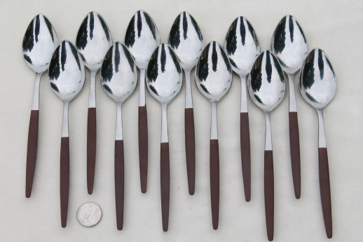 Danish mod vintage Pyramid Japan stainless flatware set for 12 w/ canoe muffin style handles