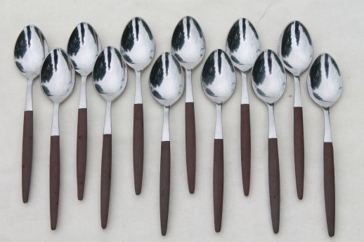 Danish mod vintage Pyramid Japan stainless flatware set for 12 w/ canoe muffin style handles