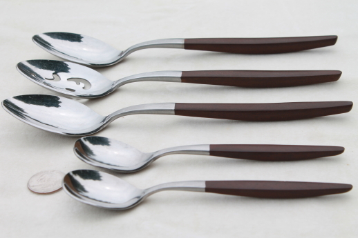 Danish mod vintage Pyramid Japan stainless serving pieces w/ canoe muffin style handles