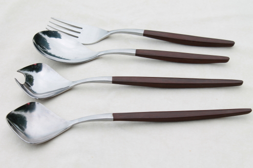 Danish mod vintage Pyramid Japan stainless serving pieces w/ canoe muffin style handles