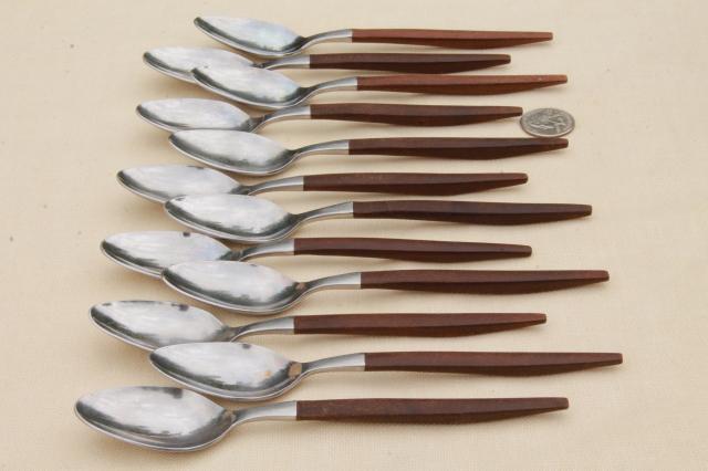 danish mod vintage silverware, Ekco Eterna canoe muffin stainless flatware w/ rosewood handles