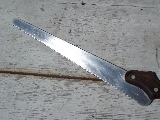 Danish modern style bread knife, mod vintage carved teak wood handle
