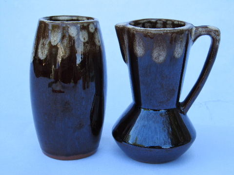 Danish modern vintage brown drip pottery tall demitasse cream & sugar