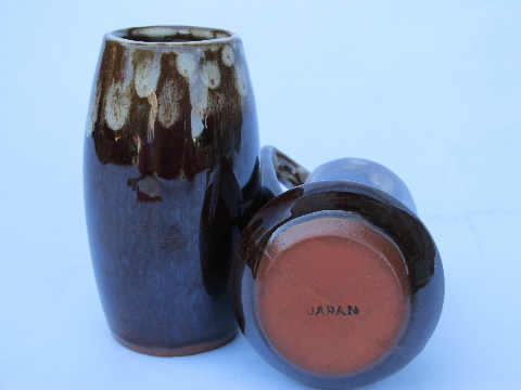 Danish modern vintage brown drip pottery tall demitasse cream & sugar