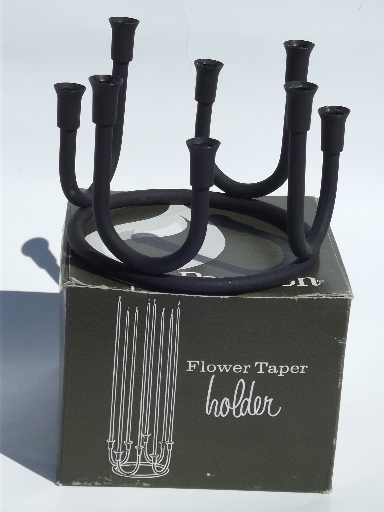 Danish modern vintage Lenox mod black metal flower taper candle holder & candles
