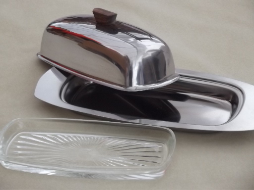 Danish modern vintage stainless steel covered butter dish w/ glass plate
