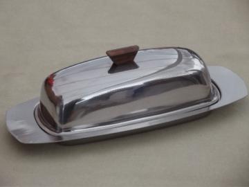 Danish modern vintage stainless steel covered butter dish w/ glass plate