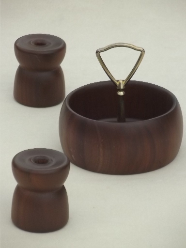 Danish modern vintage walnut wood candle holders & bowl w/ center handle