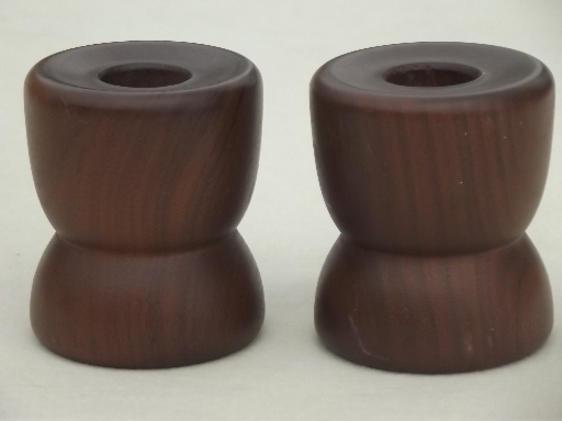Danish modern vintage walnut wood candle holders & bowl w/ center handle