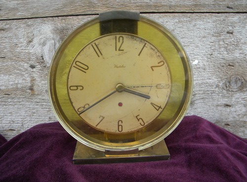 Deco moderne brass and glass clock Westclox Oracle, mid century vintage