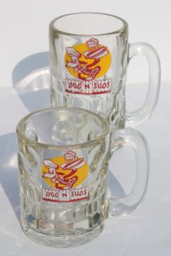 Dog & Suds mugs, large & small glass root beer mugs w/ vintage advertising
